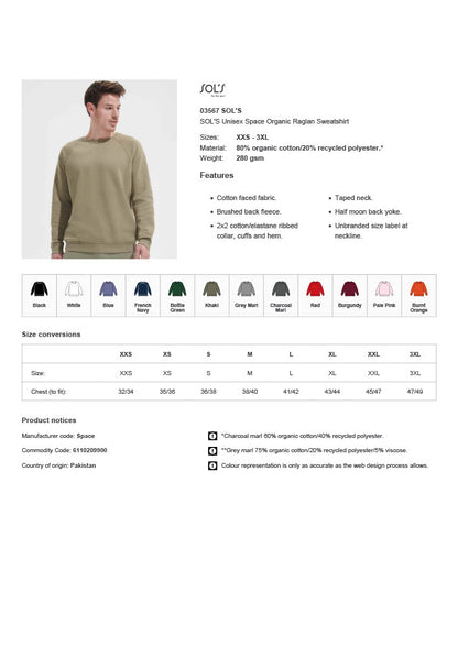 SOL'S Unisex Space Organic Raglan Sweatshirt