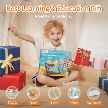 alilo Learning Educational Toys for Toddlers 3-4-5-6, Interactive Reading Pen Set for Kids, with 3 Learn to Read Book, 100 Talking Flash Cards, 540 Recording Stickers, Music Card