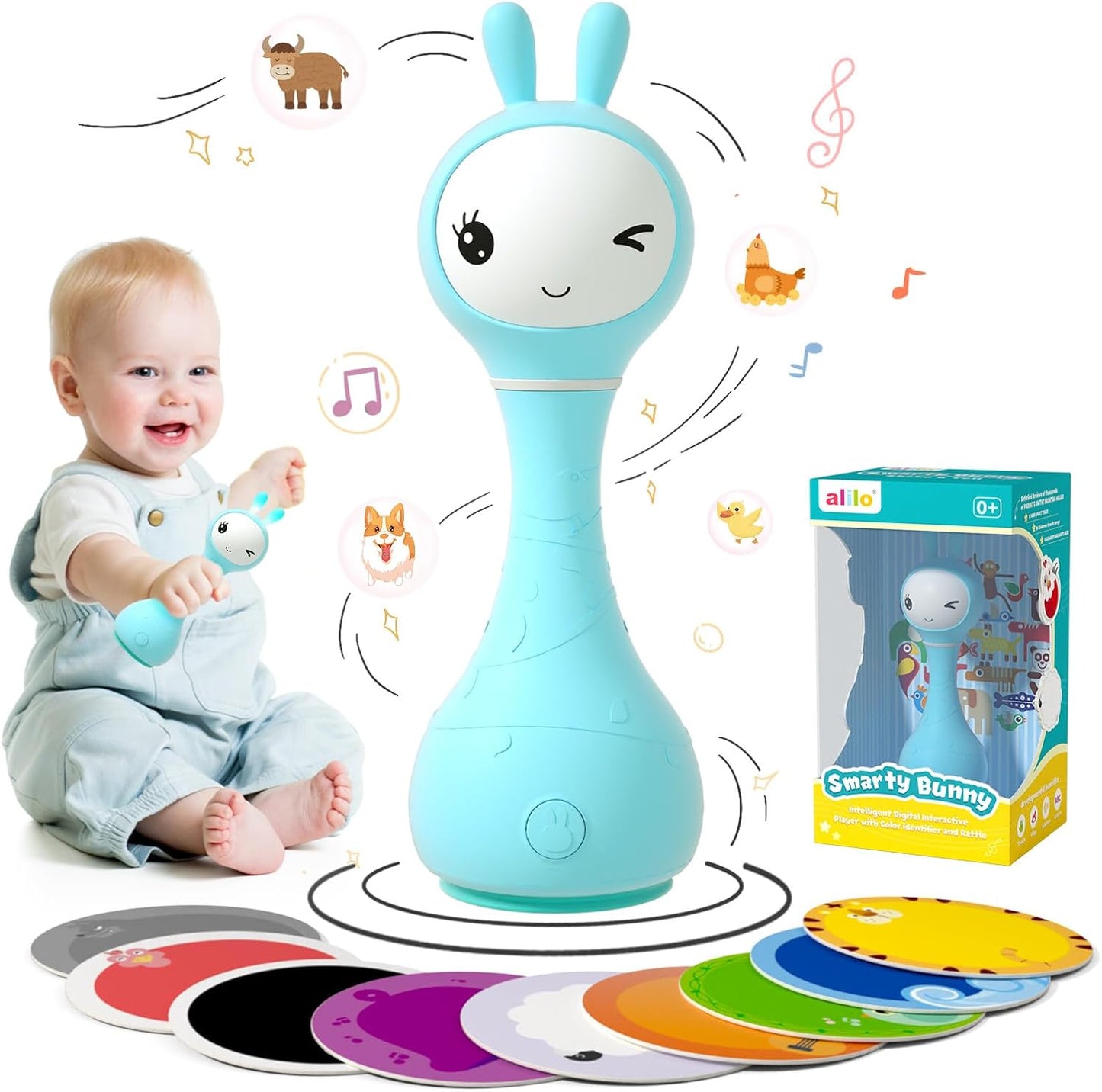 alilo Smarty Bunny Baby Rattle Musical Light Up Sensory Toys, Infants Newborns Baby Teething Toys 0-3-6-7-12 Months,1 Year Old boy/Girl Gifts 4 Music Modes and Color Recognition Function