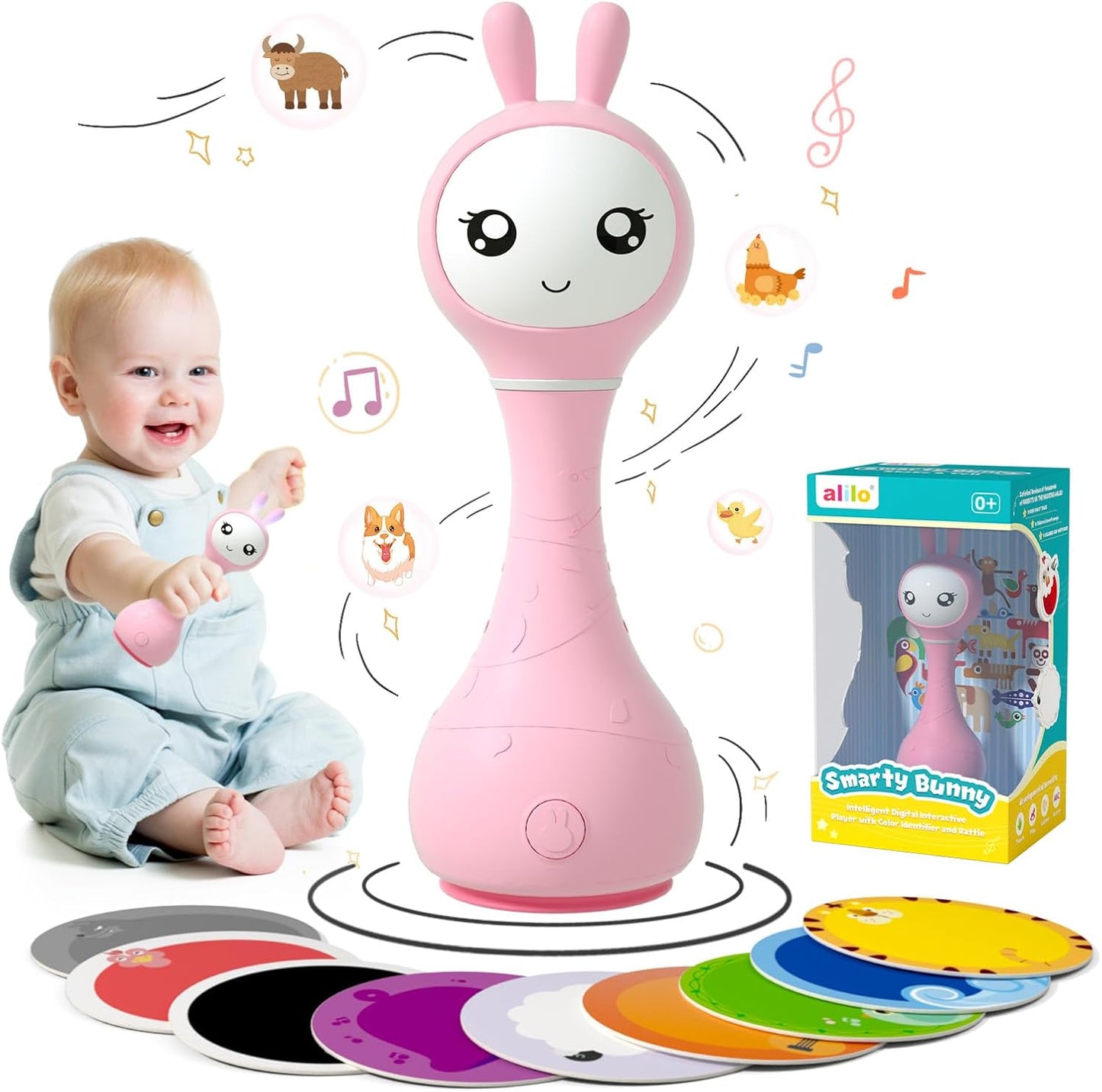 alilo Smarty Bunny Baby Rattle Musical Light Up Sensory Toys, Infants Newborns Baby Teething Toys 0-3-6-7-12 Months,1 Year Old boy/Girl Gifts 4 Music Modes and Color Recognition Function